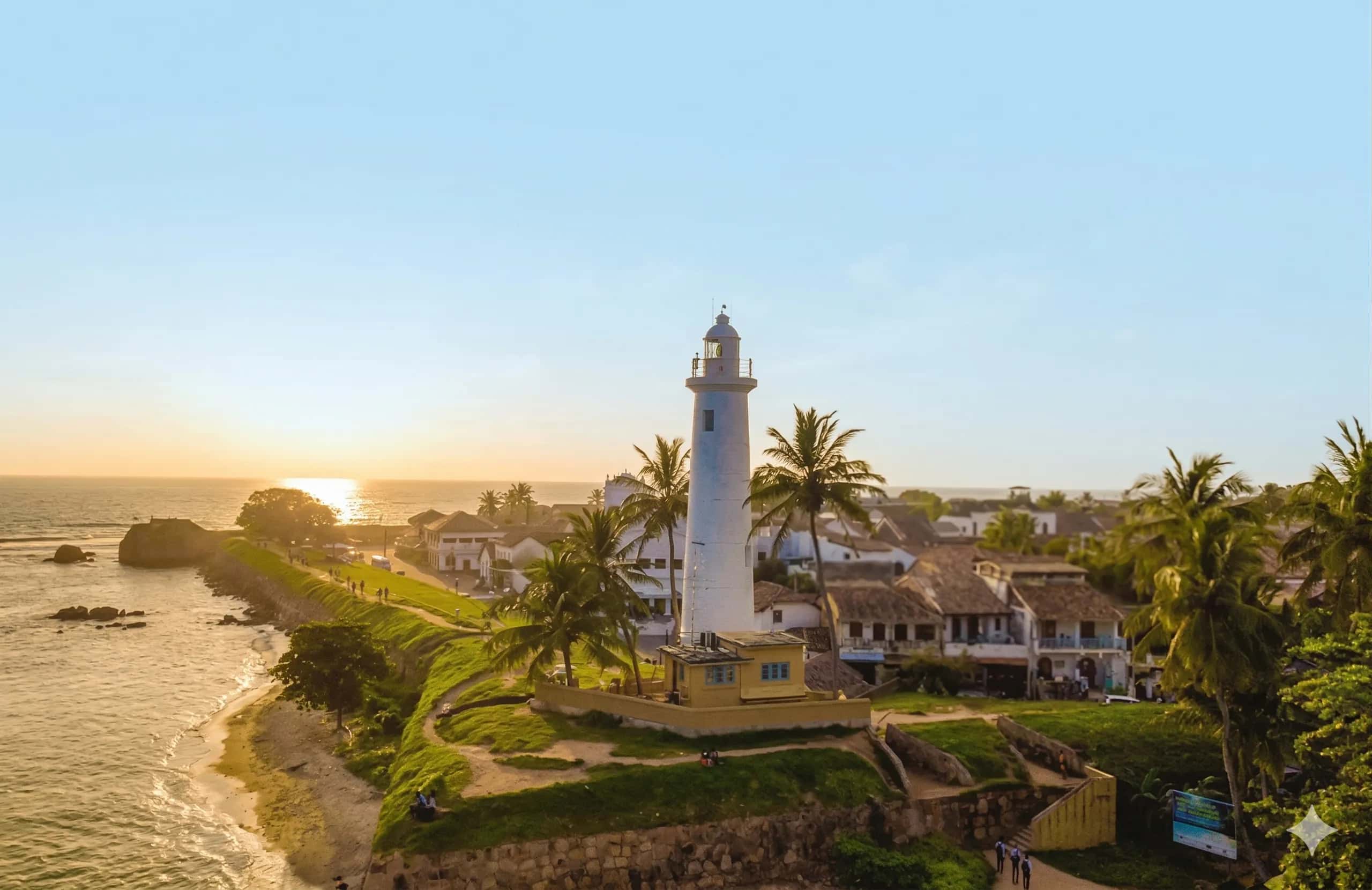 Galle Fort lighthouse and ramparts at sunset, seen from the air