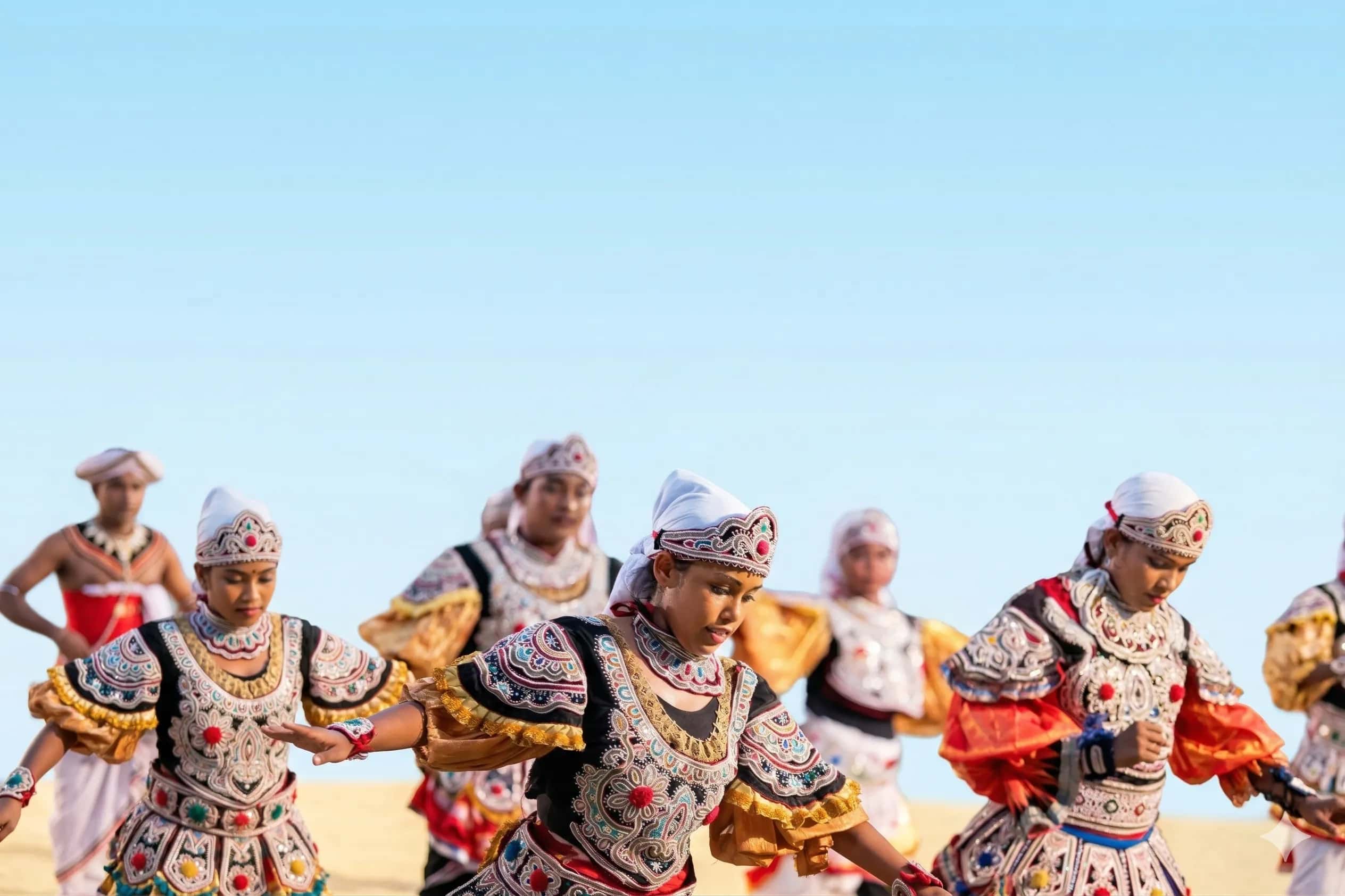 A troupe of Kandyan dancers performing outdoors