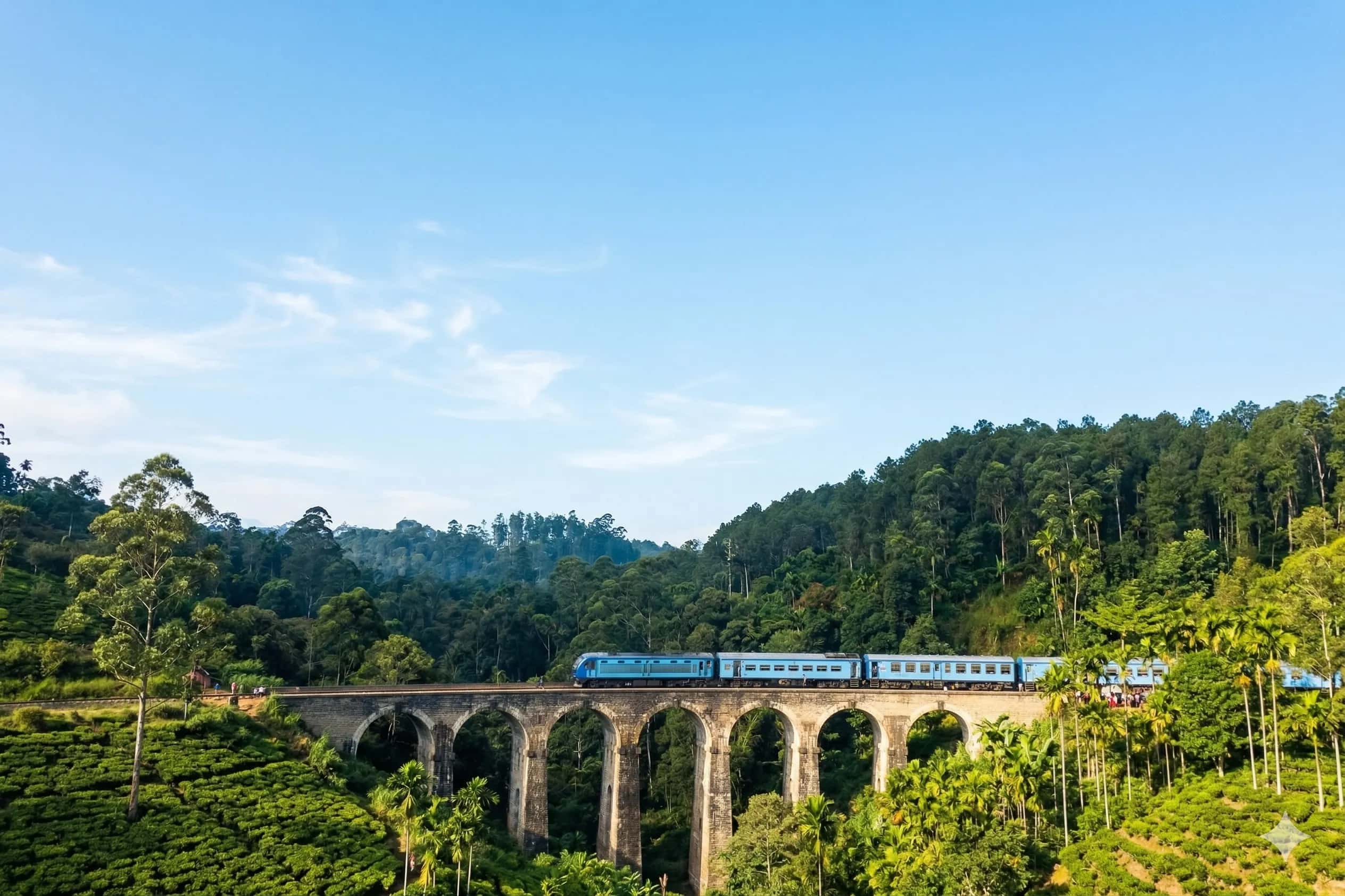 A train on the Nine Arch Bridge seen across the Ella valley
